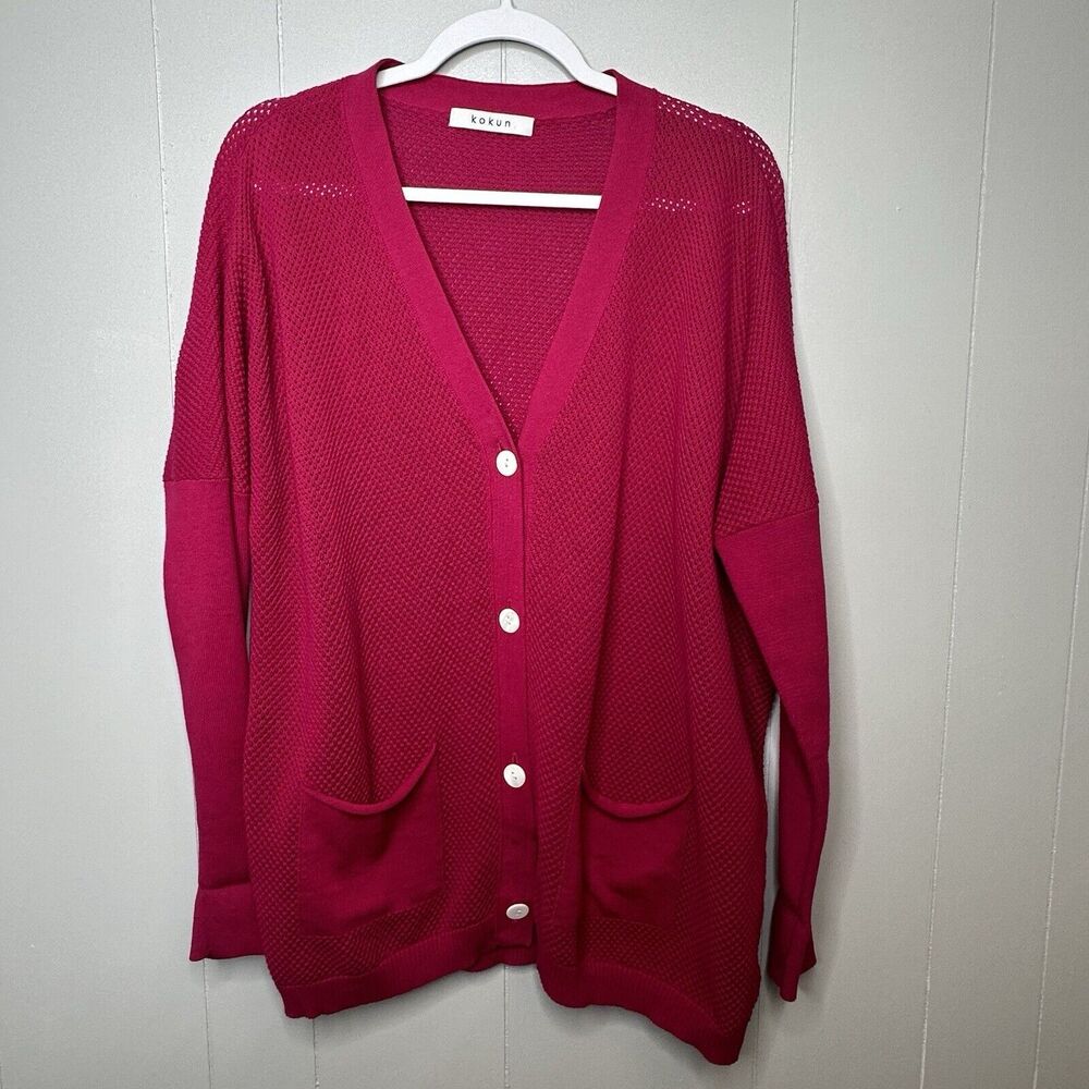 KOKUN Womens  Size XL Knit Button Cardigan Long Sweater W/Pockets Cotton Magenta